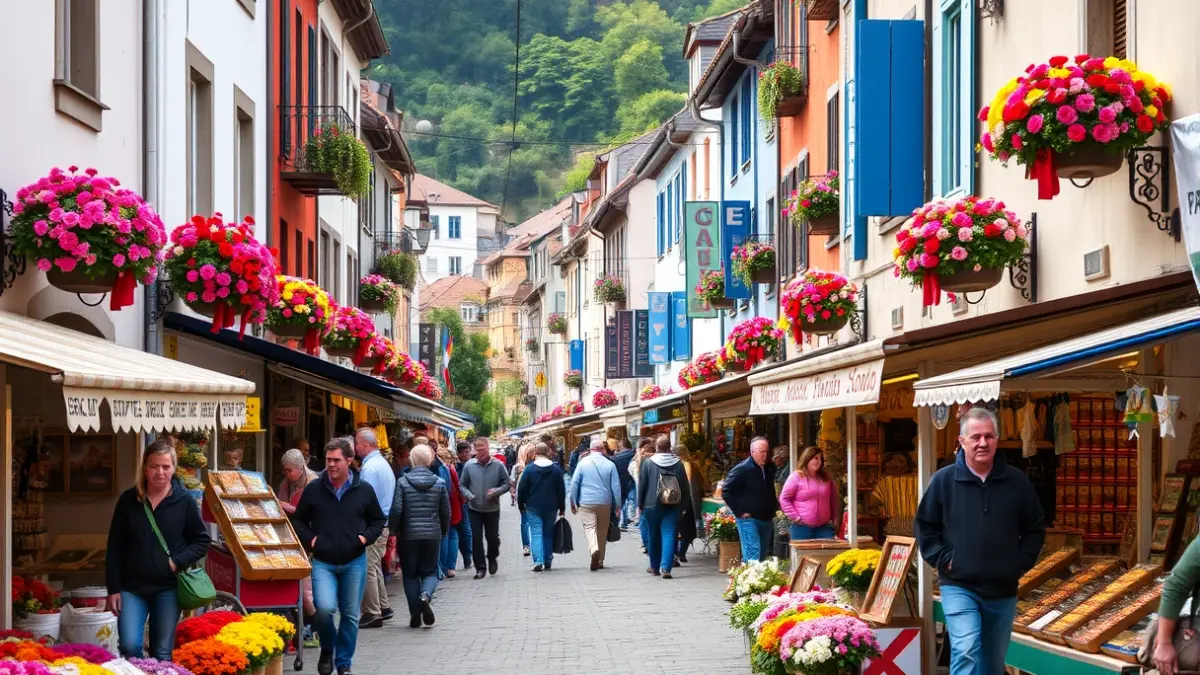 A street in Laudio decorated with flowers and market stalls, with people shopping.