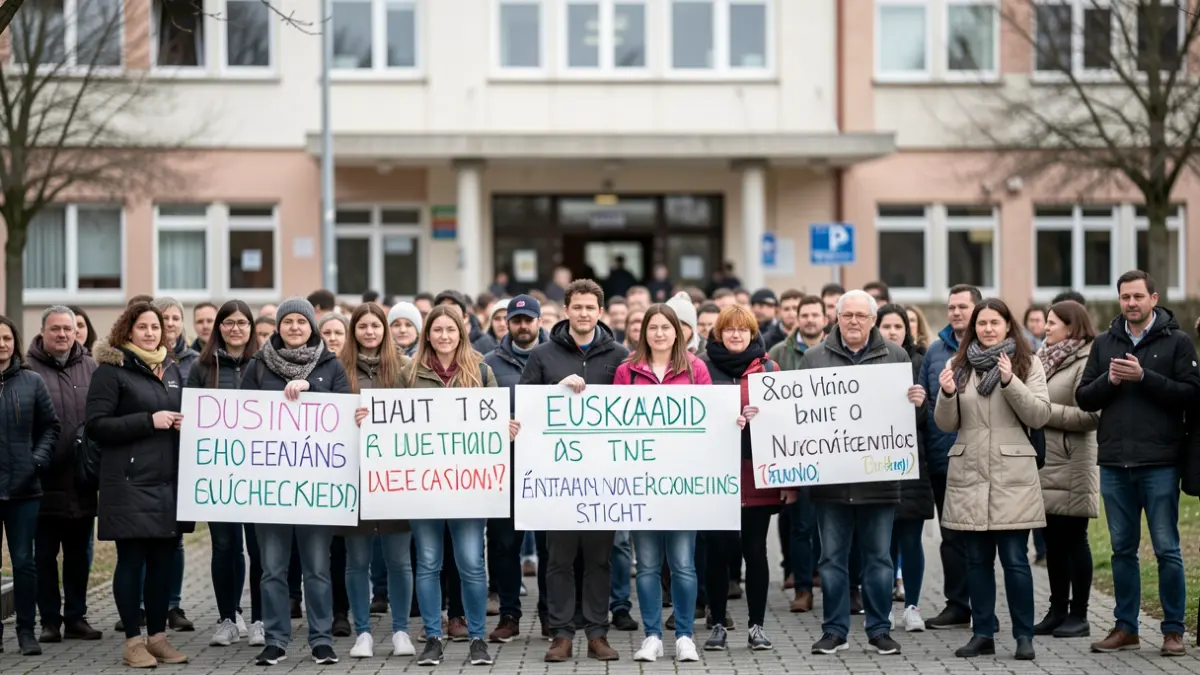 Irudi generikoa: Guraso eta ikasle talde bat hezkuntza eskubideen aldeko pankartekin elkartuta.