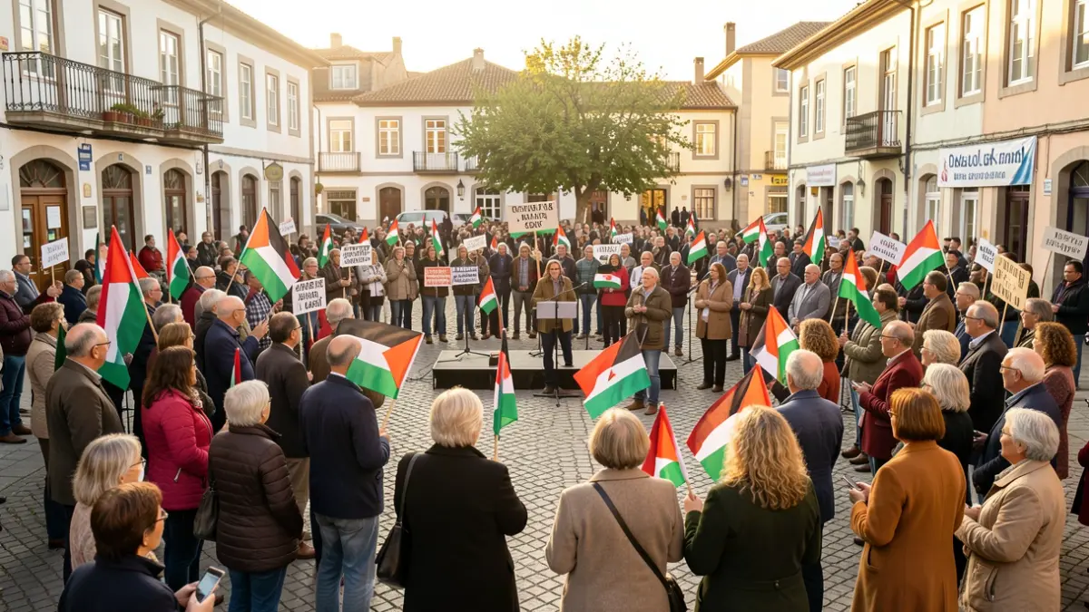 Imagen genérica: multitud reunida en la plaza de Lazkao con pancartas y banderas en apoyo a Palestina.