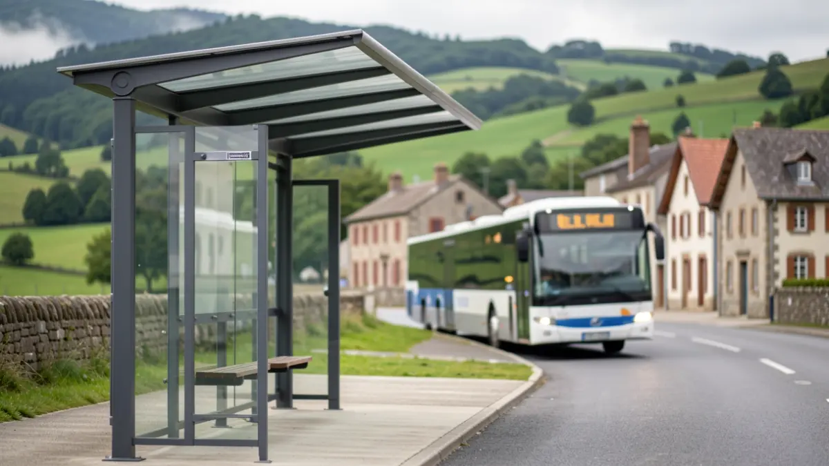 Irudi generikoa autobus geltoki bati buruzkoa, Lea-Artibaiko paisaiarekin.