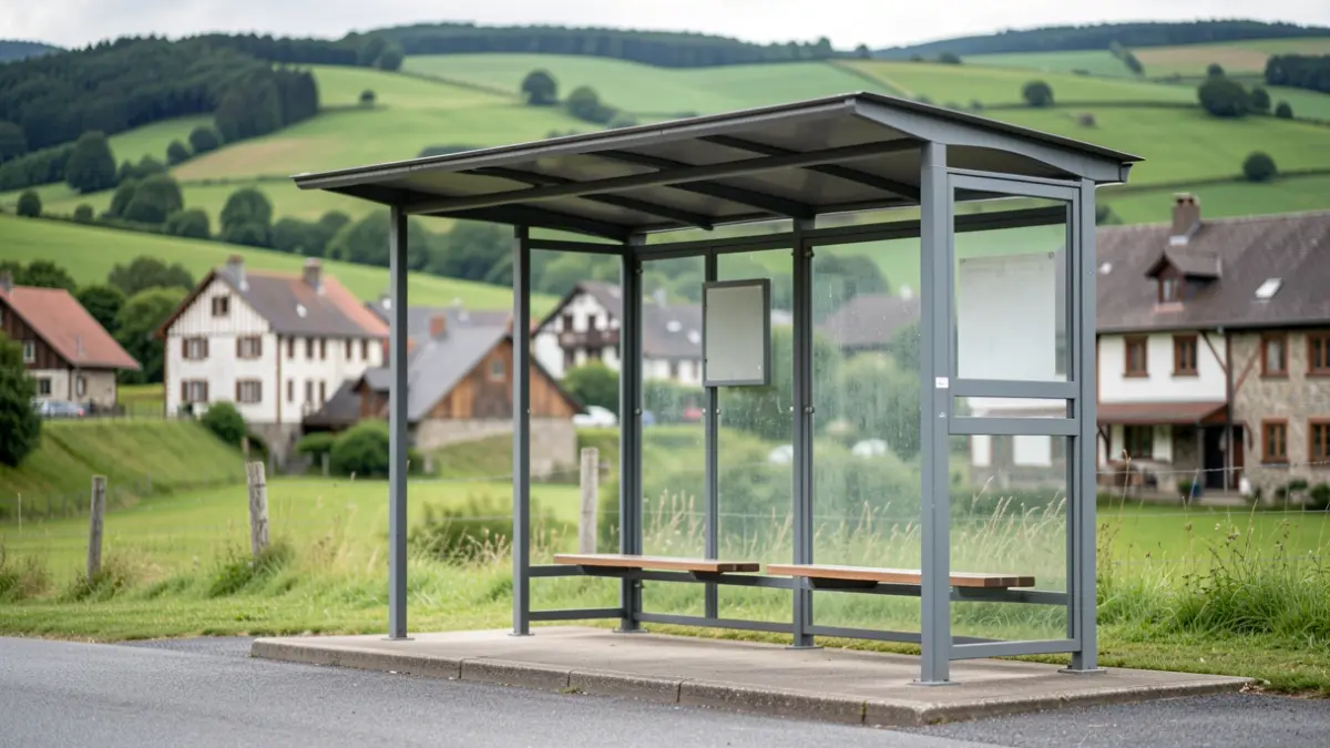 Imagen genérica de una parada de autobús vacía en la comarca de Lea-Artibai, con paisaje verde.