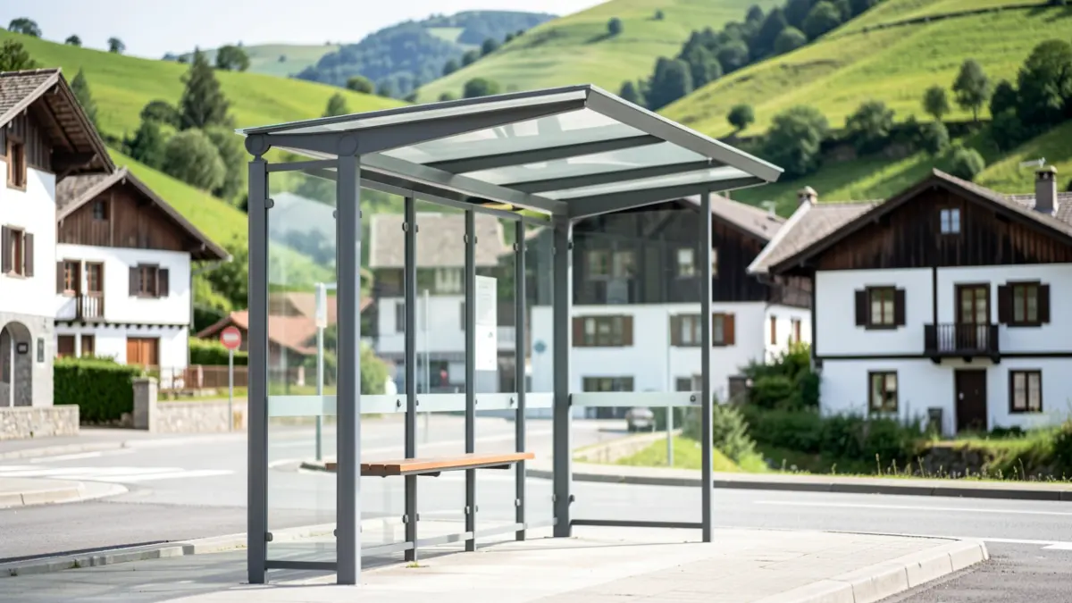 Generic image of a modern bus stop in a Basque Country town.