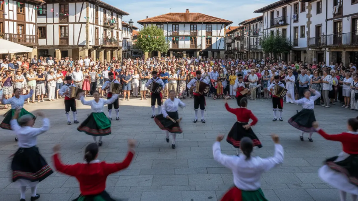 Musika eta dantza jaialdi baten irudi generikoa, Euskal Herriko herri bateko plaza batean.