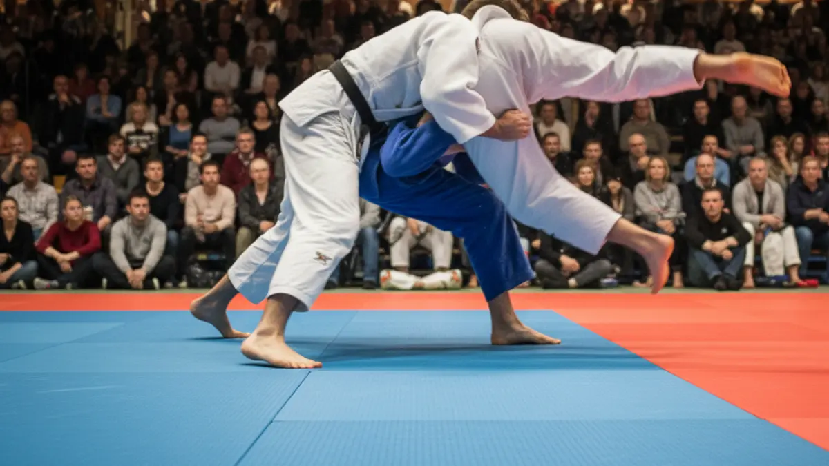 Generic image of a judo match, with two blurred figures in motion.
