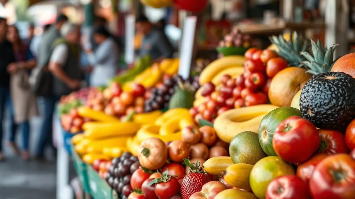 Fruta freskoen erakusleiho bizia merkatu batean, elikadura osasuntsua eta komunitatearen banaketa azpimarratuz.