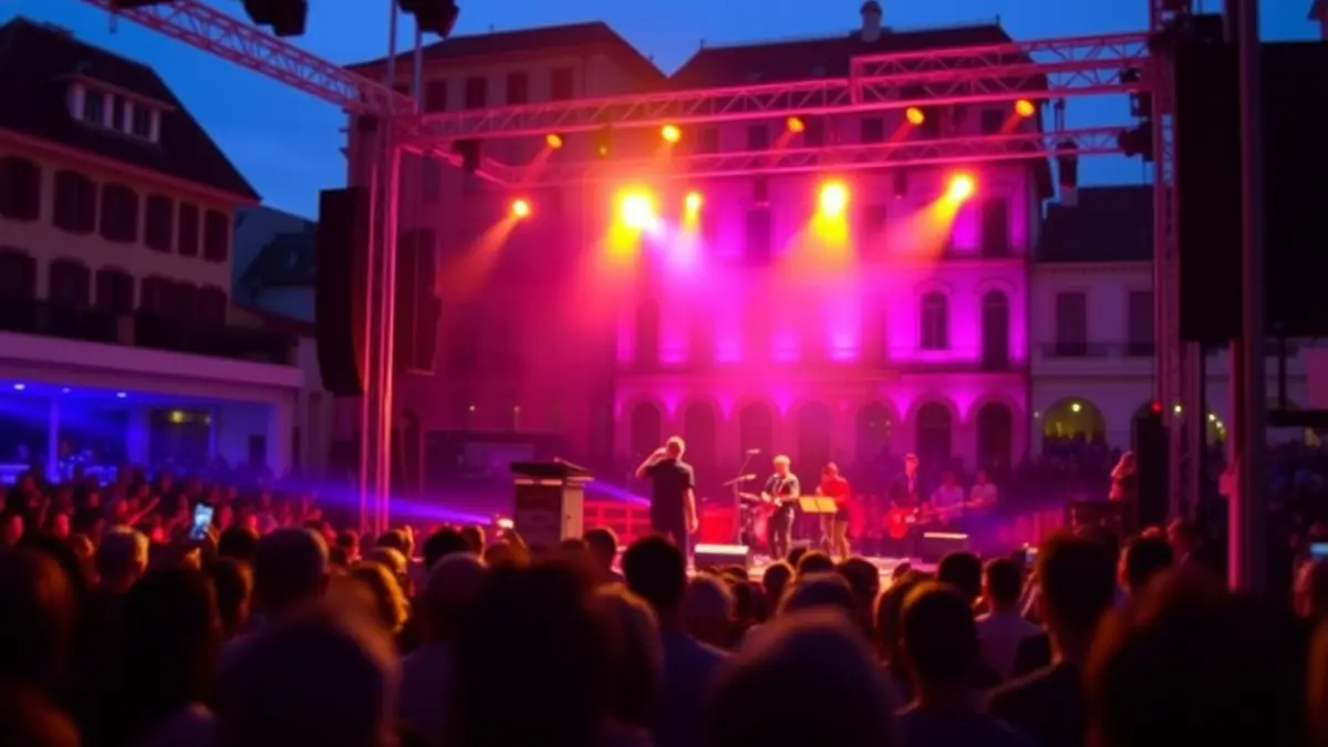 Imagen genérica de un escenario de concierto de música en vivo, con luces brillantes y una audiencia difuminada.