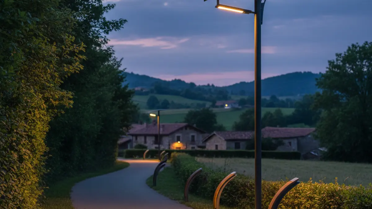 Generic image of a solar-powered cycling path at dusk.