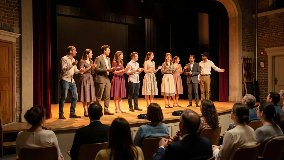 Escena de un grupo de teatro ensayando en un teatro comunitario.
