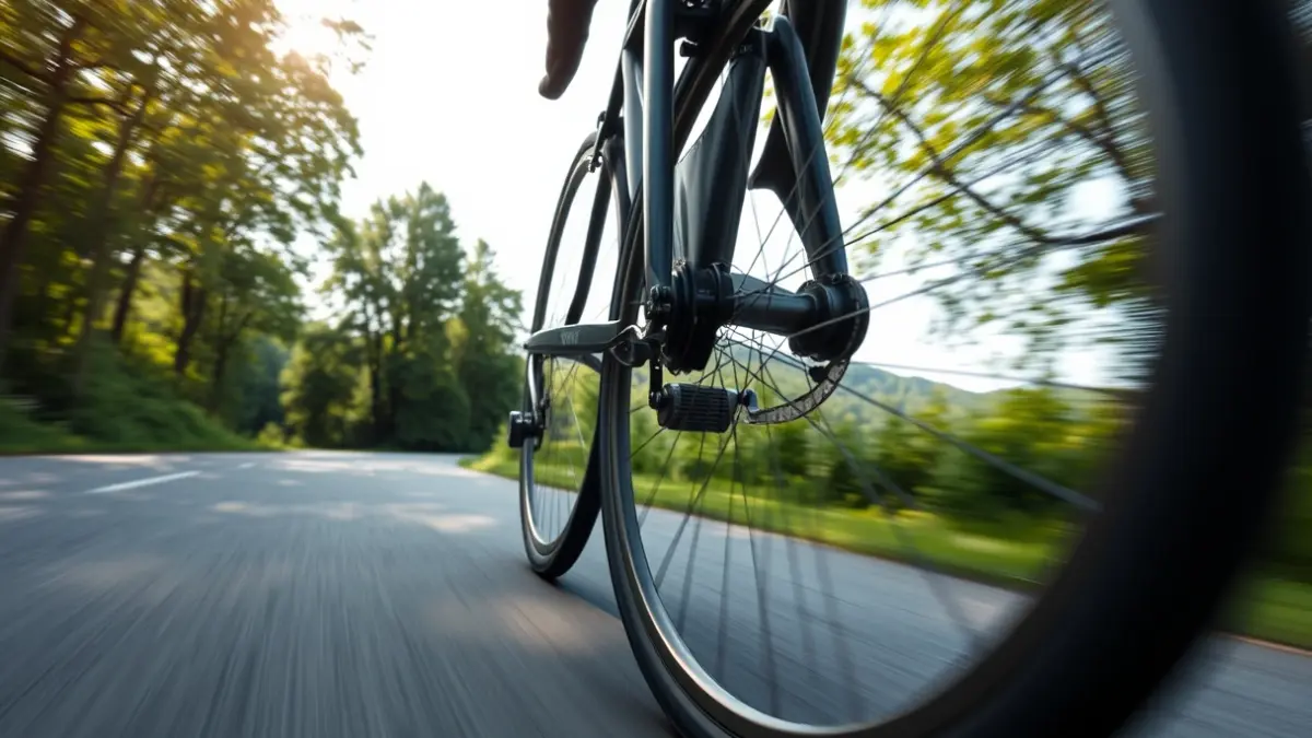 Imagen genérica de una rueda de bicicleta girando en una carretera, con un paisaje verde difuminado al fondo.