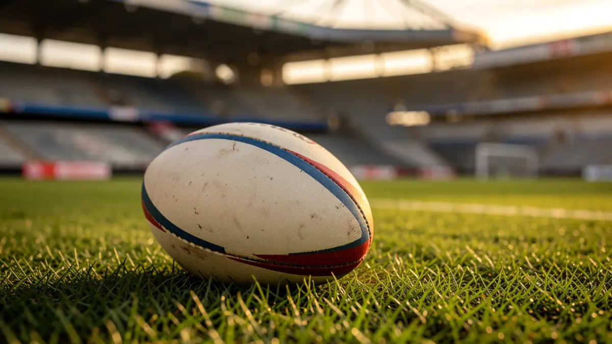Generic image of a rugby ball on grass, with San Mamés stadium blurred in the background.
