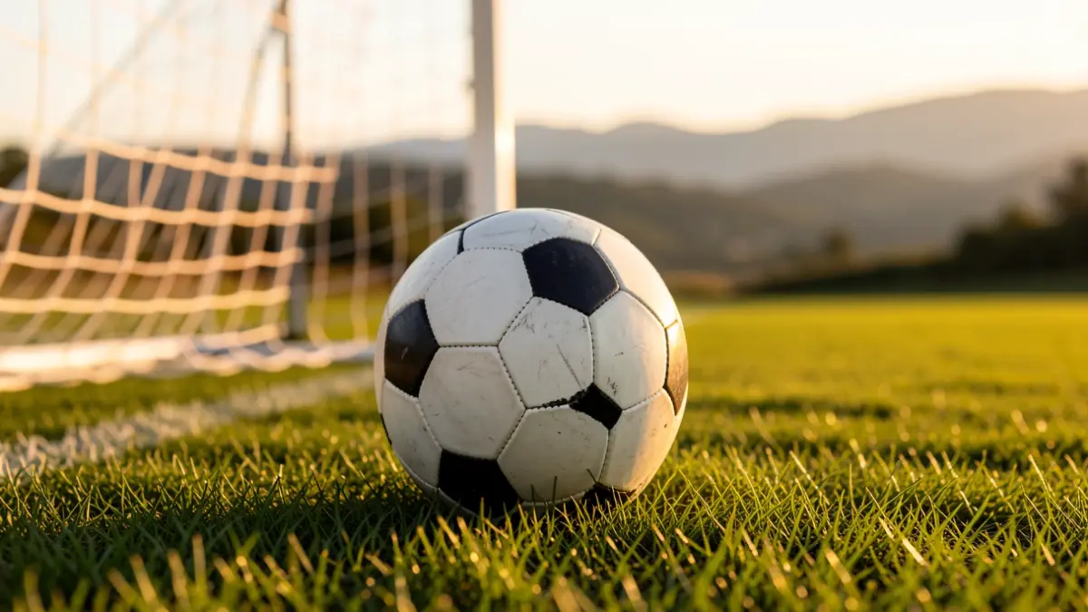 Futbol pilota belar gainean, ate sareta lausotuta.