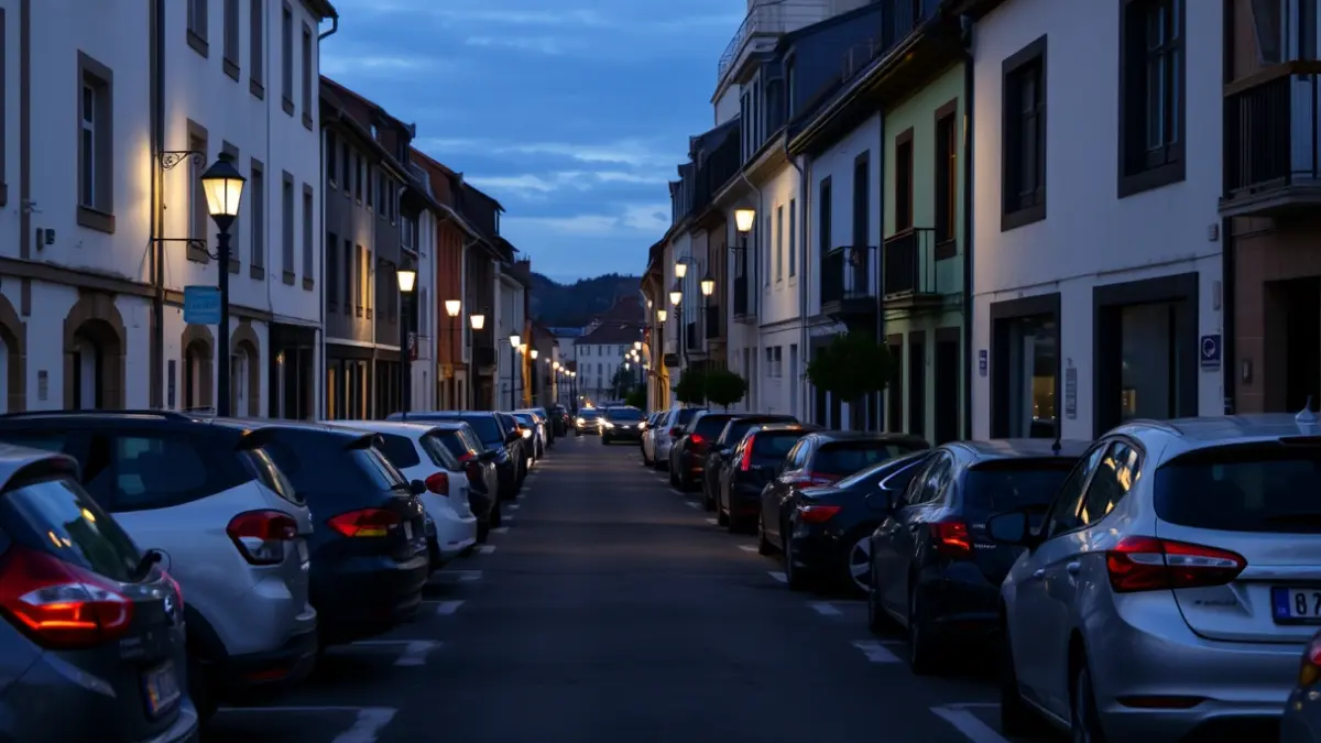Generic image of a street in Leioa at dusk, showing a parking area and streetlights.