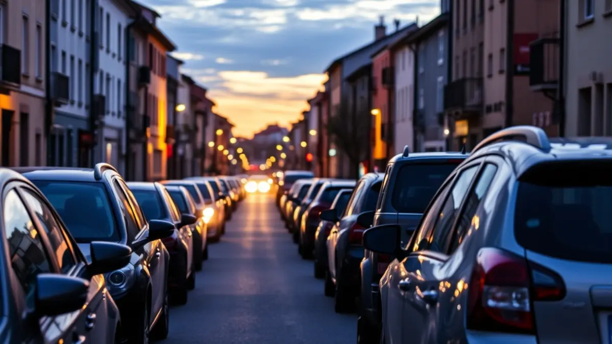 Generic image of a street at dusk, with parked cars and streetlights turning on.