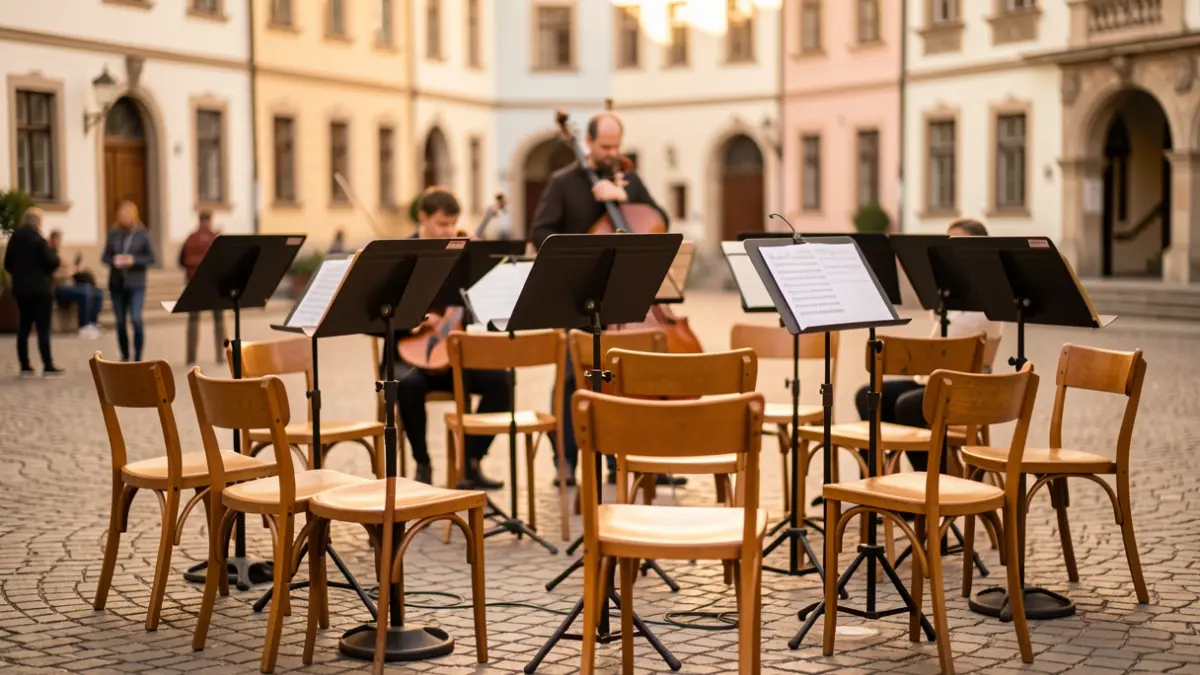 Musika taldeentzako hutsik dauden aulkiak eta partiturak dituzten musika-estandak, argi leunarekin.