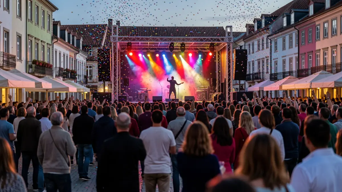 Generic image: Outdoor concert in a Euskadi town square at dusk, with a crowd and illuminated stage.