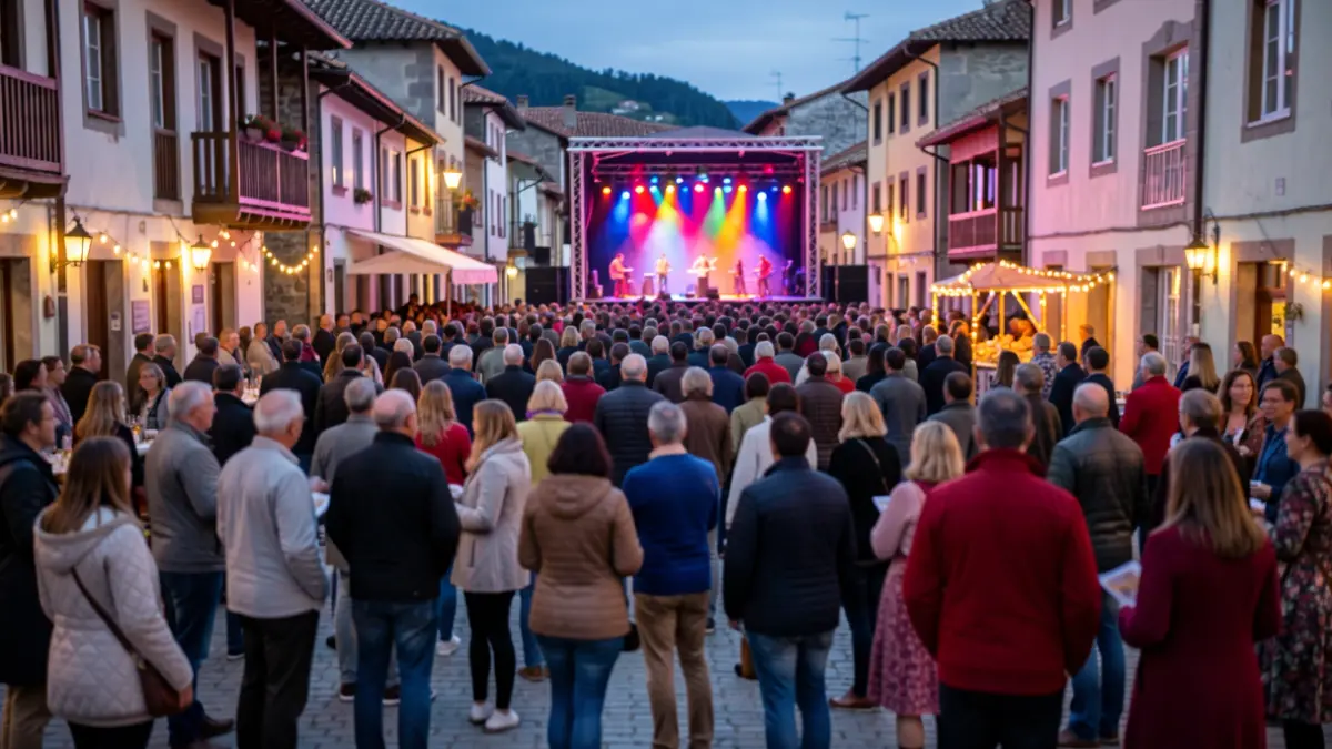 Imagen genérica: Ambiente festivo en un pueblo del País Vasco al atardecer, con multitud y luces.
