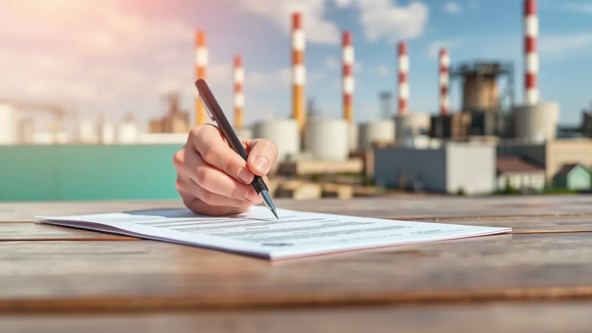 Imagen genérica: una mano firmando un documento, con edificios industriales al fondo.