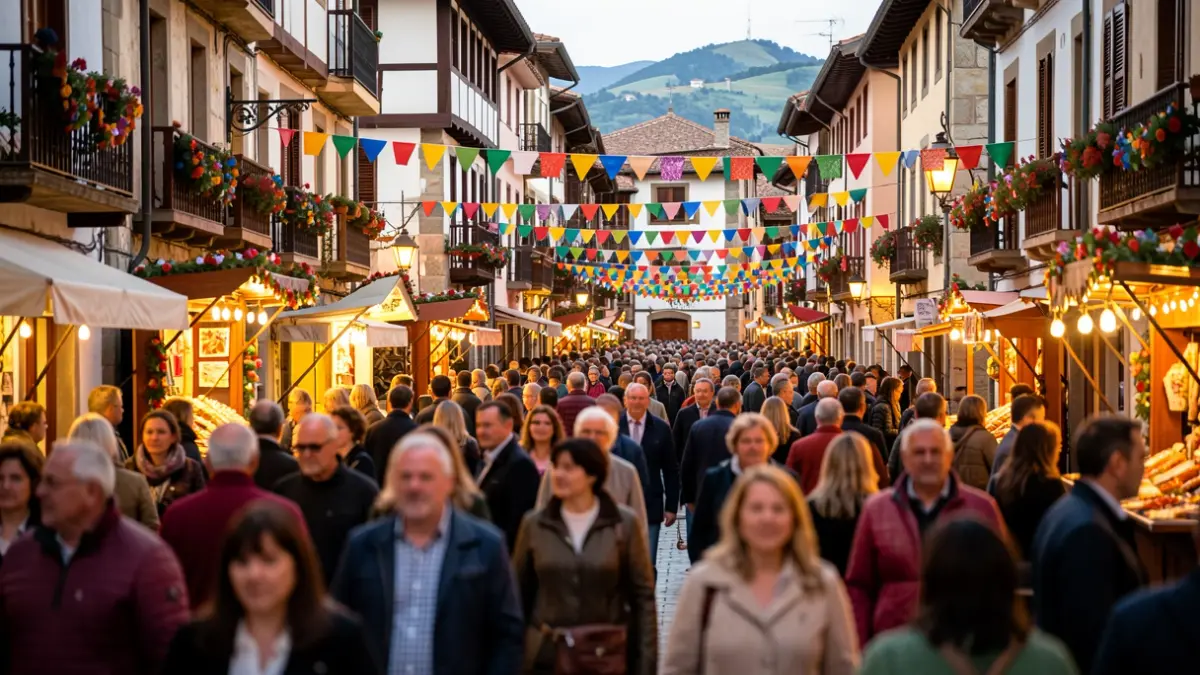 Generic image of a street scene in a Basque town with a festive atmosphere.