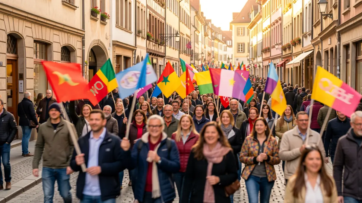 Imagen genérica: grupo diverso y colorido en una procesión callejera.
