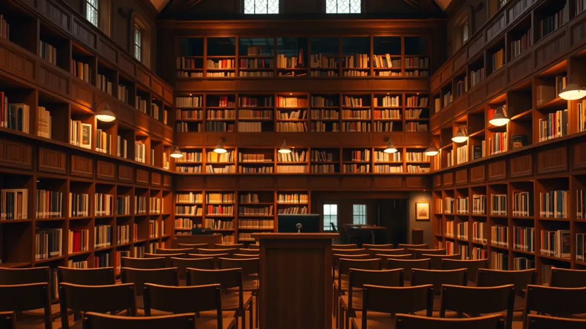 Generic image of a library interior with wooden bookshelves and a microphone.