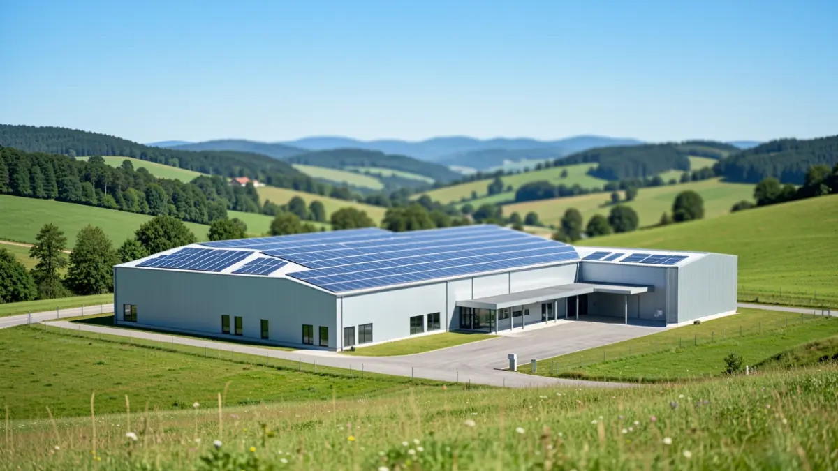 Generic image: Modern industrial building with solar panels on the roof, situated in a green valley.