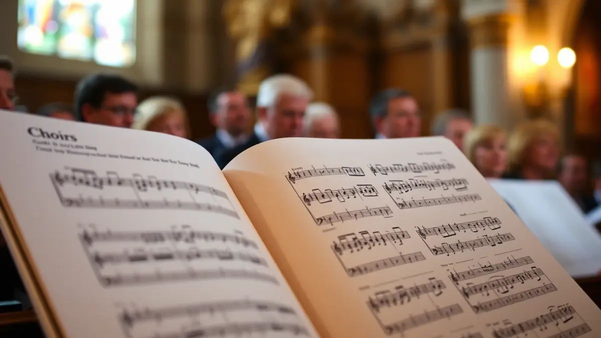 Imagen genérica de una partitura de coro, en un ambiente de iglesia.