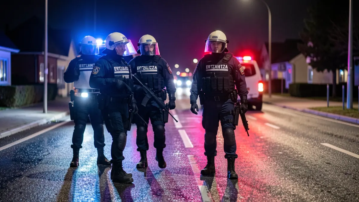 Imagen genérica: Luces rojas y azules de policía de la Ertzaintza sobre asfalto mojado por la noche.