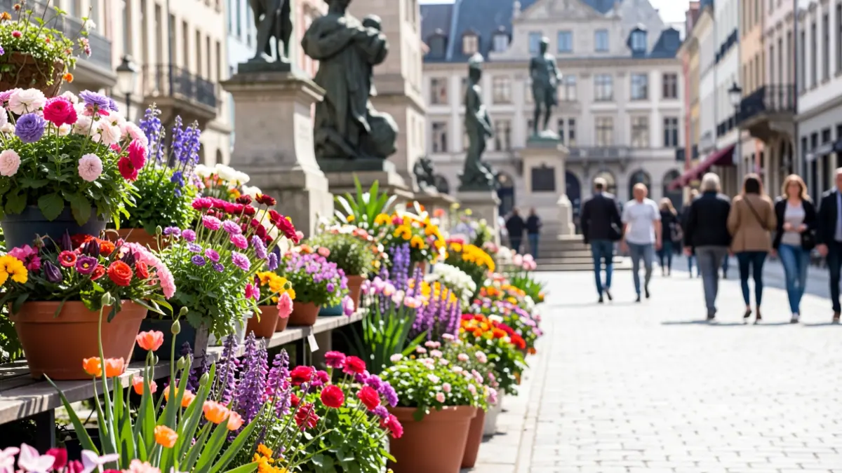 Vibrant floral arrangements and plants on a Vitoria-Gasteiz street, with blurred sculptures and monuments in the background during the day.