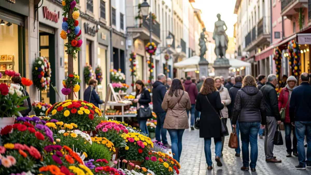 Generic image of a lively street in Vitoria-Gasteiz adorned with colorful flowers and decorations.