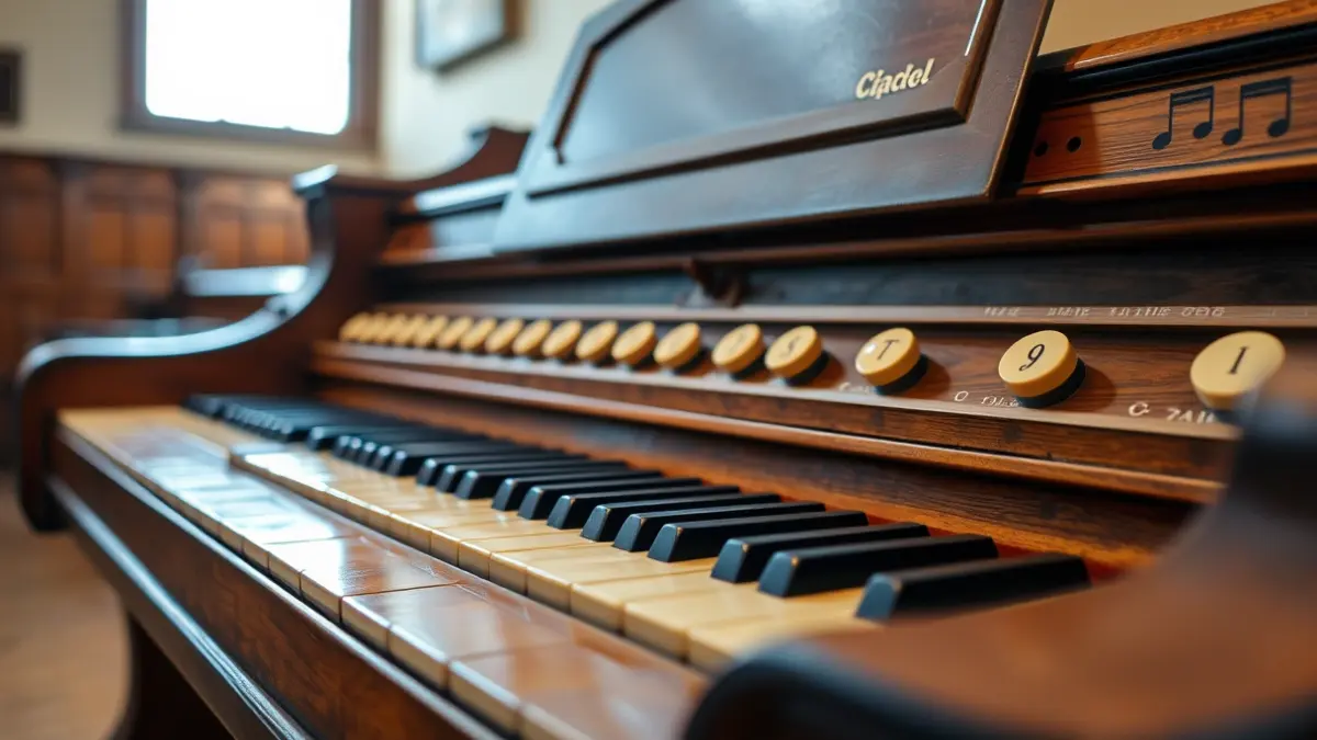 Close-up image of an antique organ keyboard with wooden details and polished keys.