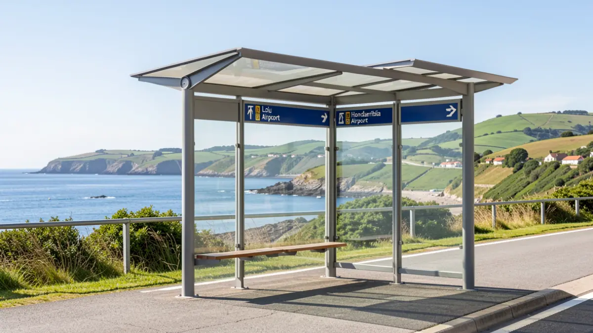 Una marquesina de autobús moderna con señales claras hacia los aeropuertos de Loiu y Hondarribia, con la costa vasca de fondo.