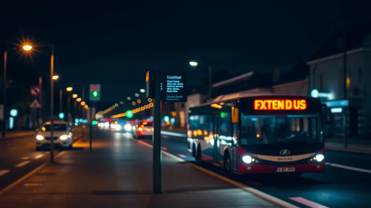 Gaueko autobus geltoki baten irudi generikoa, argi lausoekin eta mugimendu sentsazioarekin.