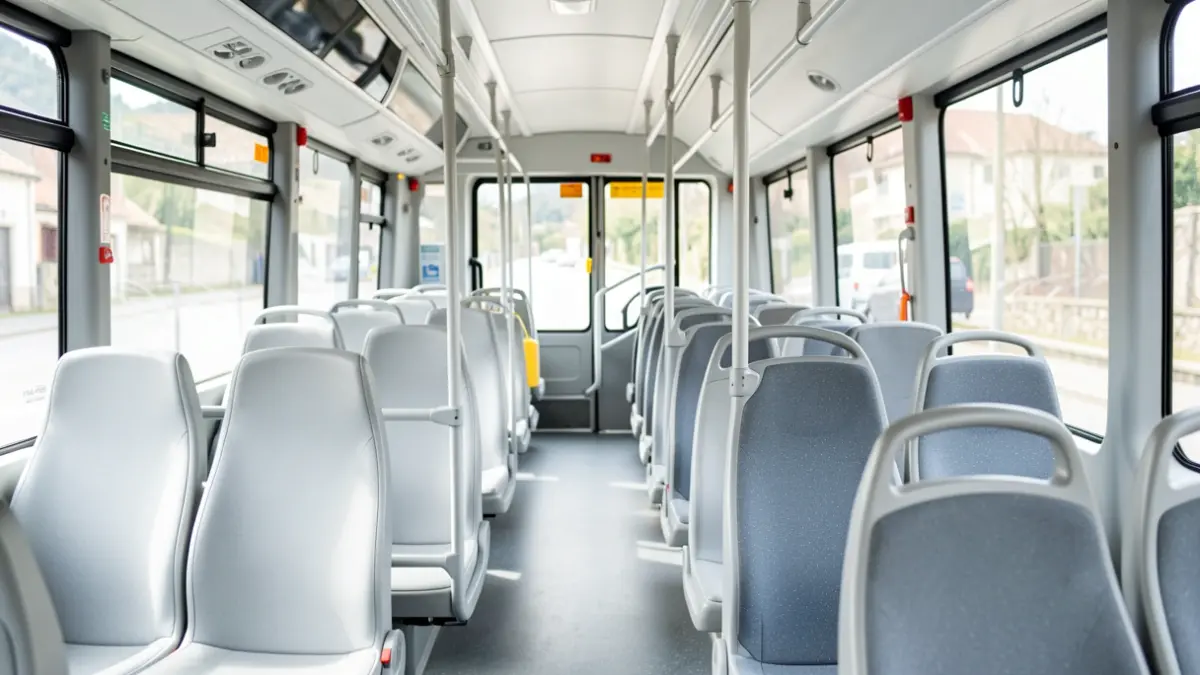 Autobus barrualde moderno bat, eserleku hutsak eta maleta-euskarriak dituena, garbi eta argitsua, Euskadiko garraio publikoaren ezaugarri berriak erakusten dituena.