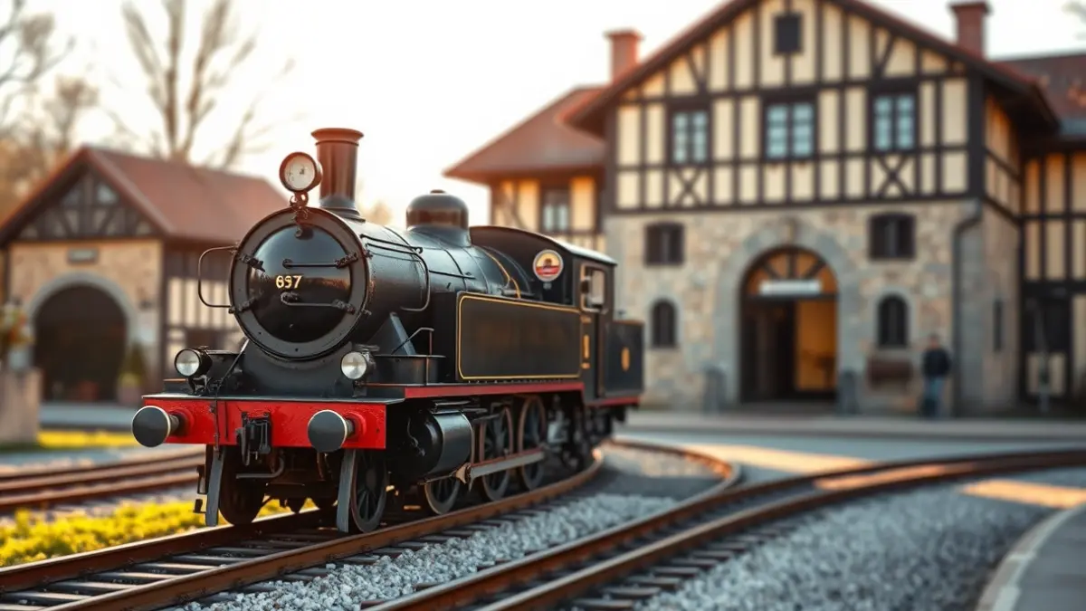 Lurrun-tren zahar bat trenbideetan, Euskal Burdinbidearen Museoaren eraikinaren atzealde lausoarekin.