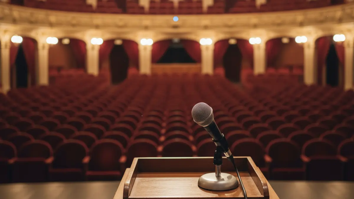 A microphone on an empty stage, evoking the atmosphere before a concert.