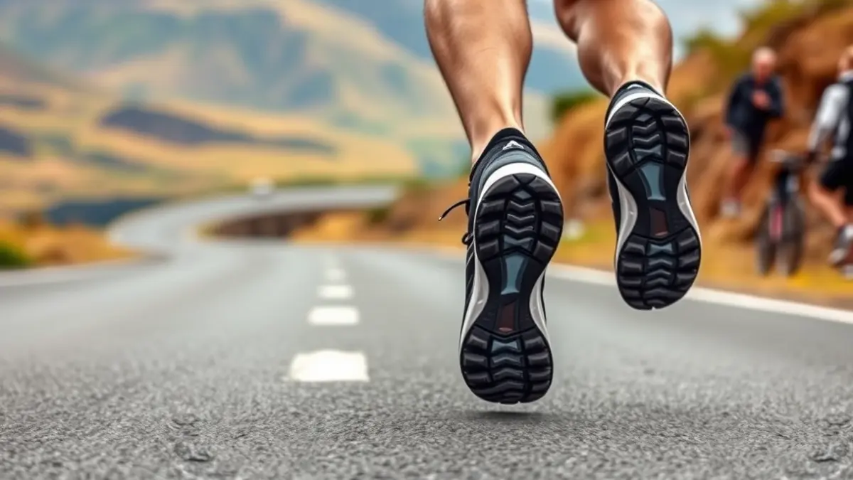 Generic image: a person's feet in running shoes on a long road, with a blurred natural landscape in the background.
