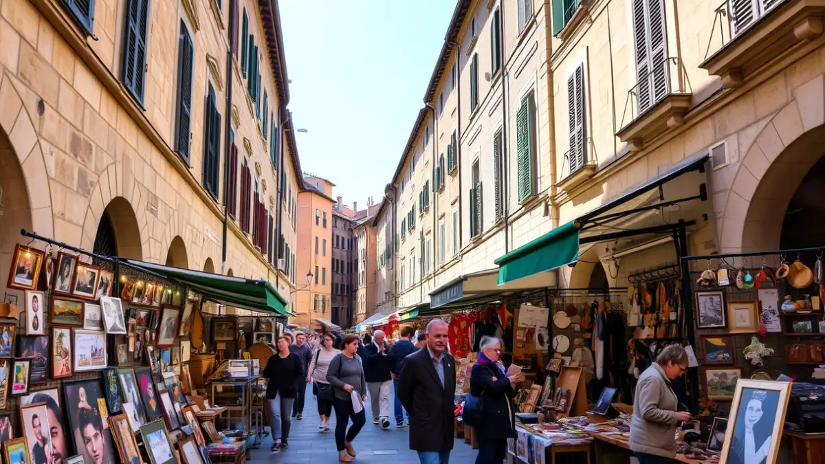 Generic image of a street market in Bilbao, with stalls displaying art and crafts.