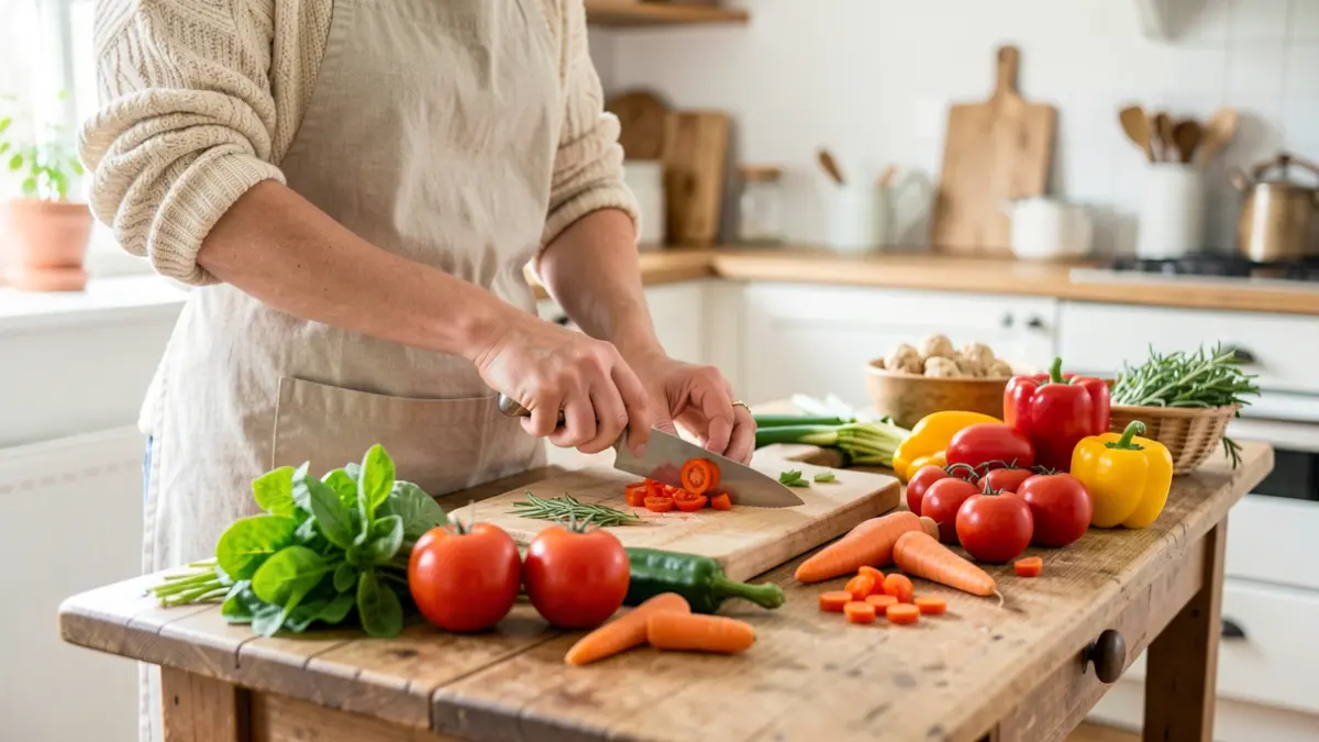 Manos de una mujer preparando comida con verduras frescas sobre una mesa rústica.