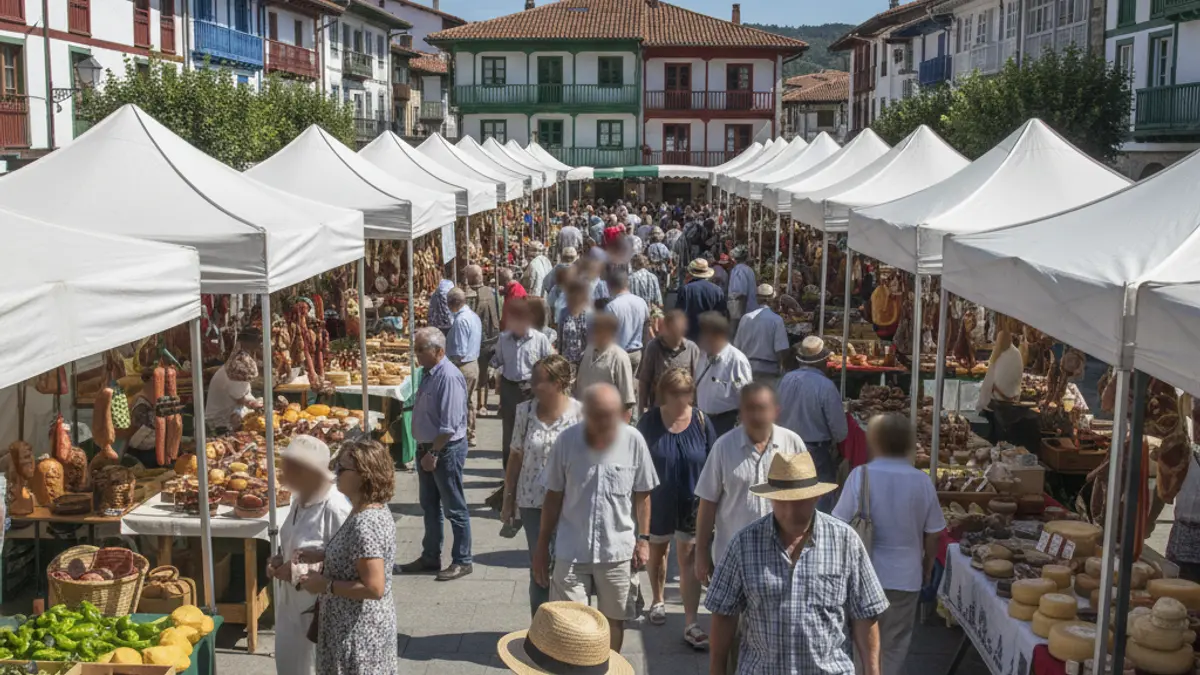 Mallabia town square bustling with a market.