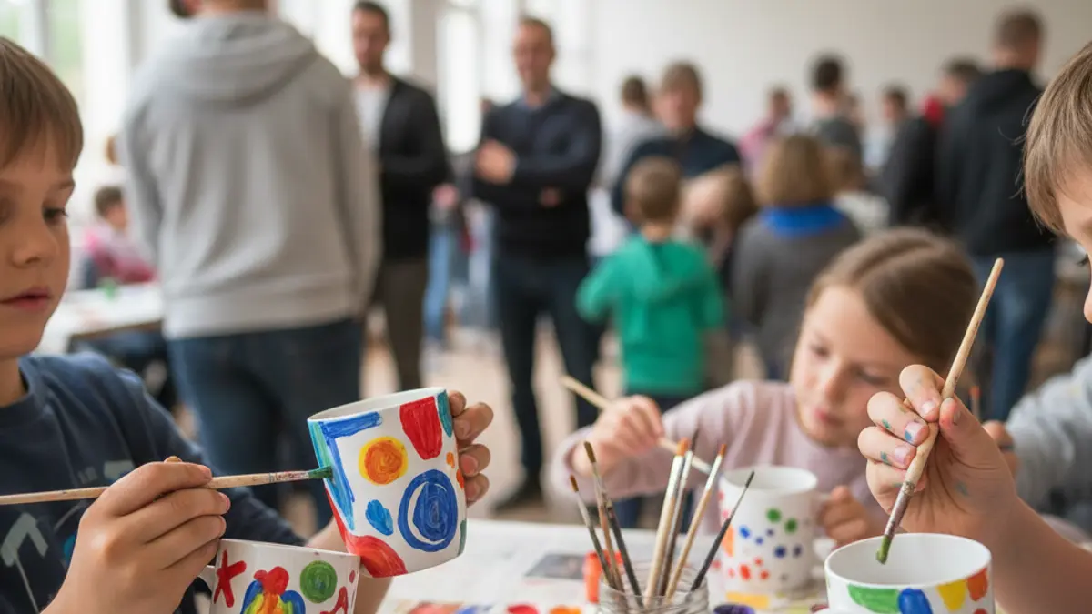 Children painting and decorating mugs in a creative activity.