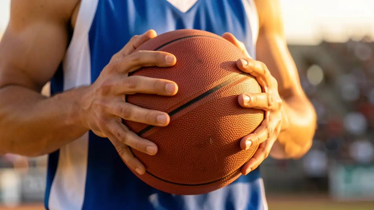 Manos de un jugador de baloncesto sujetando un balón, con camiseta azul y blanca, y el fondo del estadio difuminado en la luz de la hora dorada.
