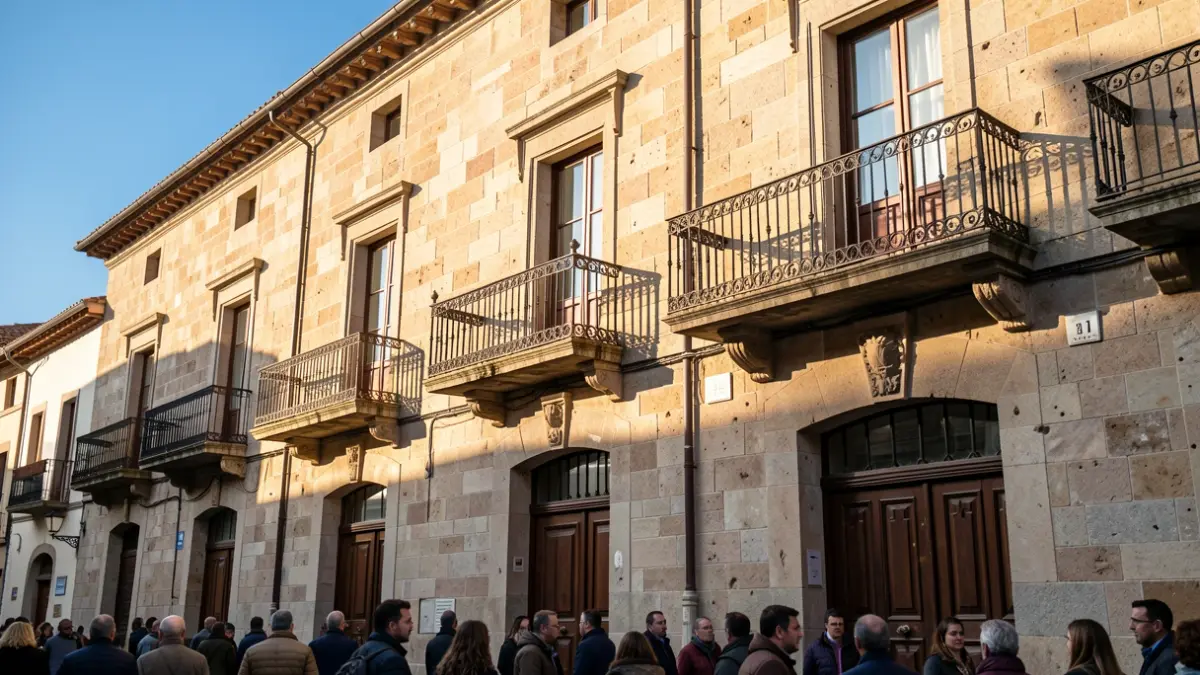 Generic image: Stone facade of the Hondarribia town hall with a balcony and iron railings, illuminated by the afternoon sun.