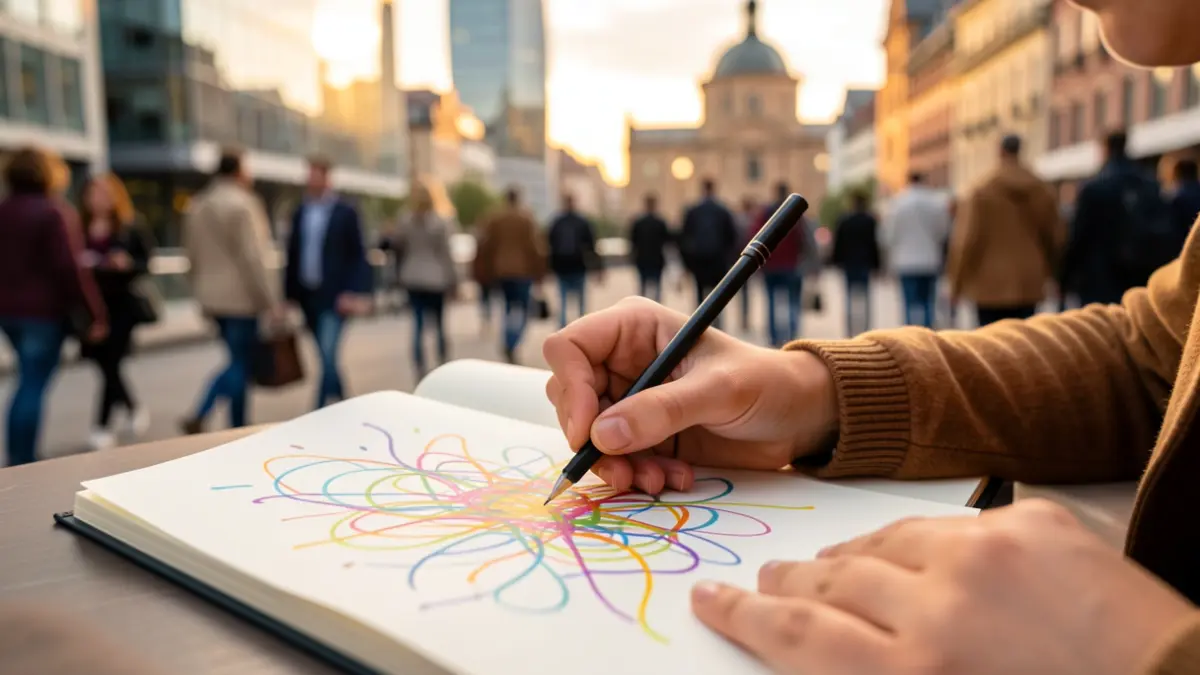 Imagen genérica: Manos de un joven dibujando en un cuaderno frente a una ciudad futurista.
