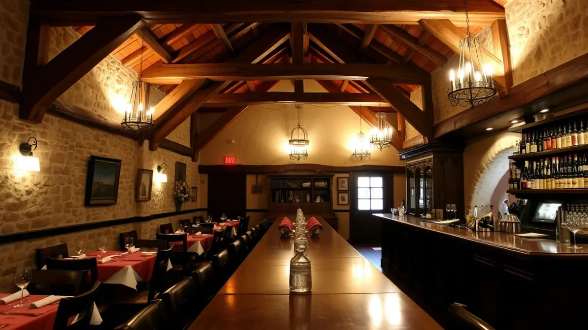 Imagen genérica del interior de un restaurante tradicional vasco, con vigas de madera y paredes de piedra.