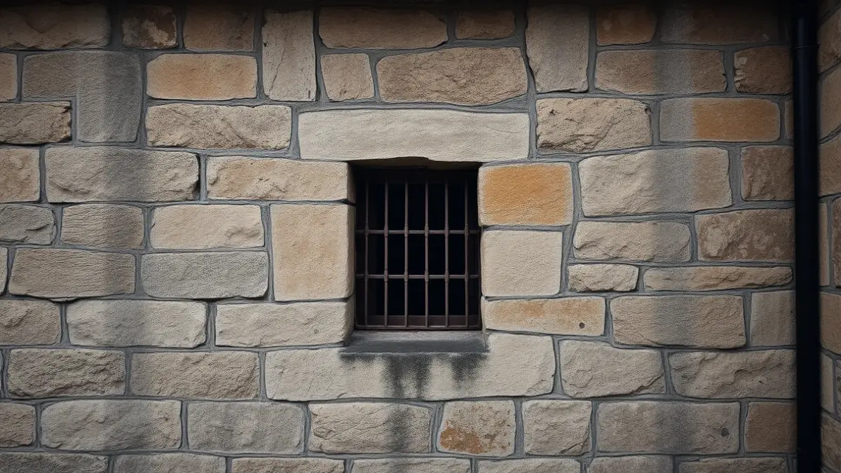Imagen exterior de la cárcel de Martutene, mostrando un muro de piedra y una ventana.