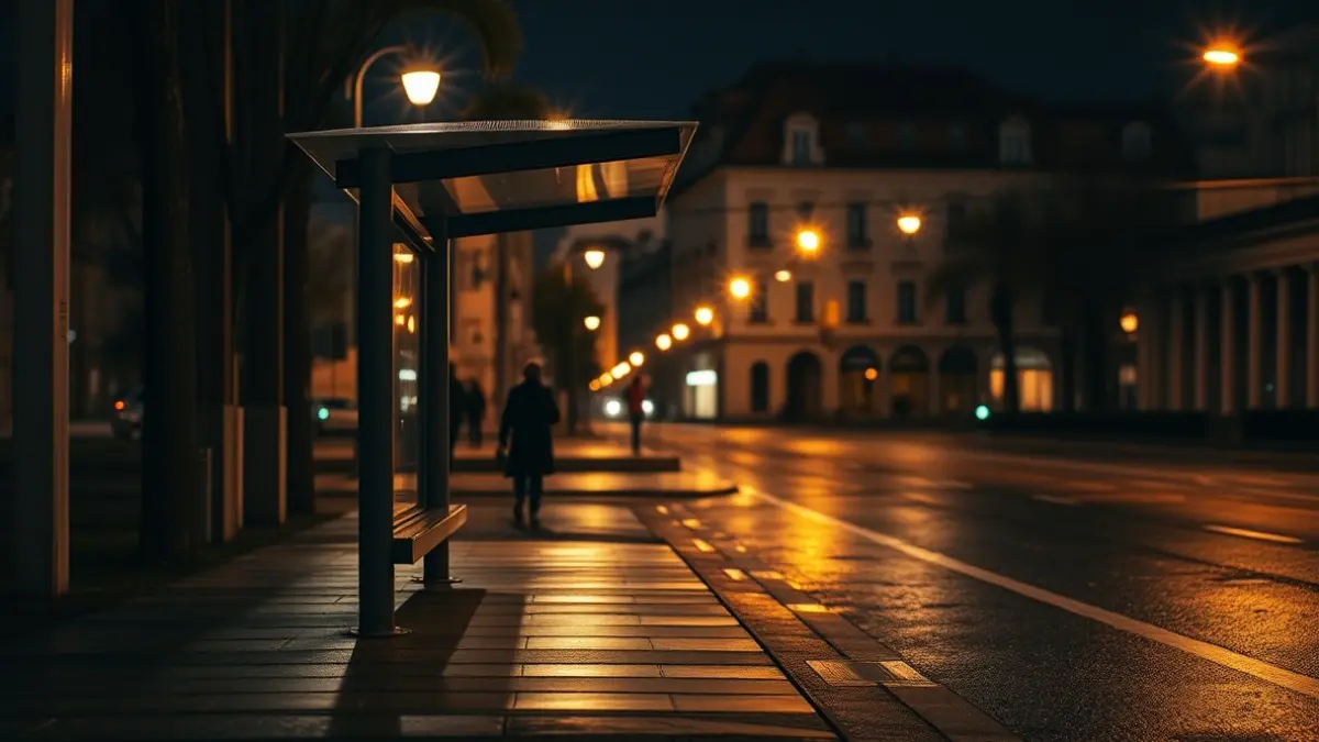 Generic image of an empty bus stop at night, with warm lights and long shadows.