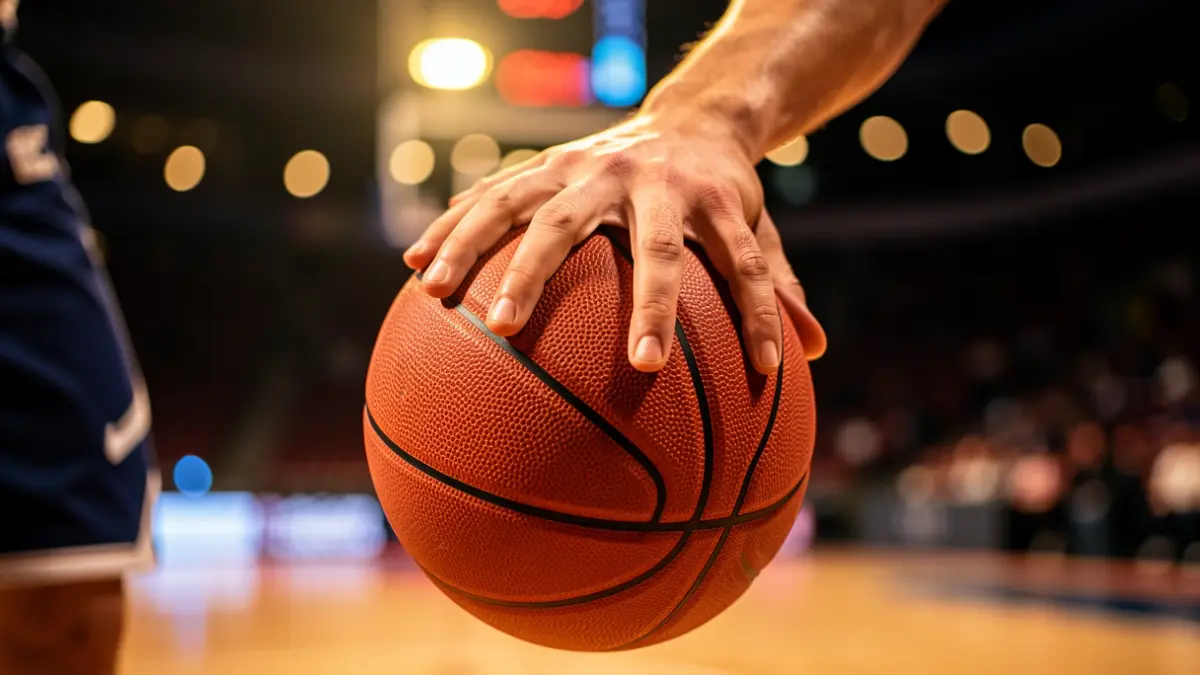 Primer plano de la mano de un jugador de baloncesto botando un balón, con las luces borrosas del pabellón deportivo al fondo.