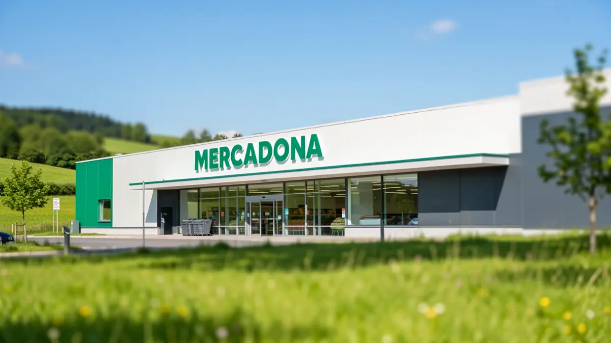 Generic image: A modern Mercadona supermarket in a green Euskadi landscape.