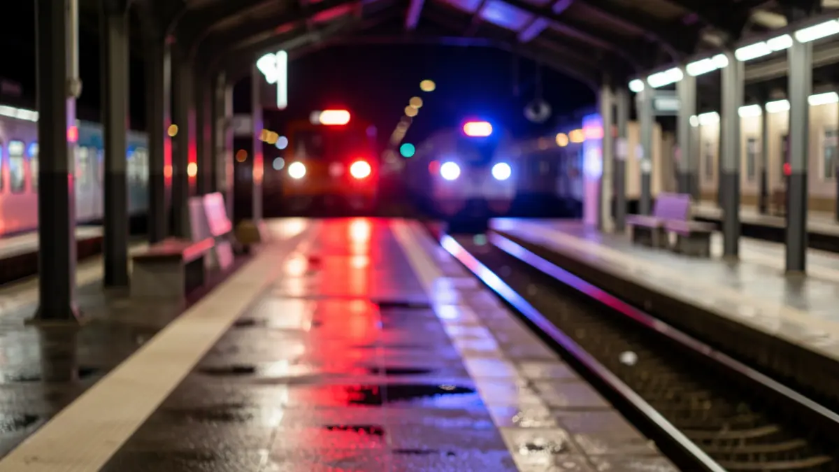 Generic image of train tracks and station platform at night, with red and blue emergency lights reflecting on the wet ground.