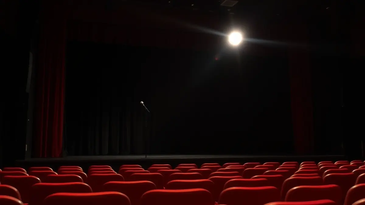 Imagen genérica de un escenario de teatro oscuro con un foco iluminando un micrófono.